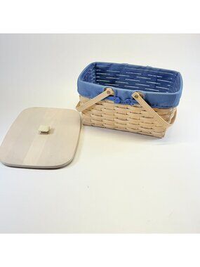 Vintage 2002 Longaberger Envelope Basket with Lid Protector Blue Fabric Liner